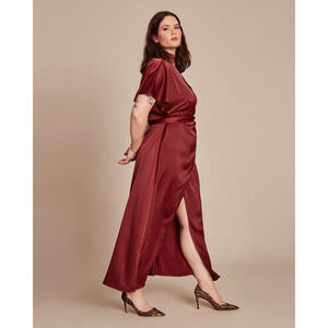11 Honore Precious Dress Satin Surplice Choker Faux Wrap Maxi Burgundy NWT Sz 14